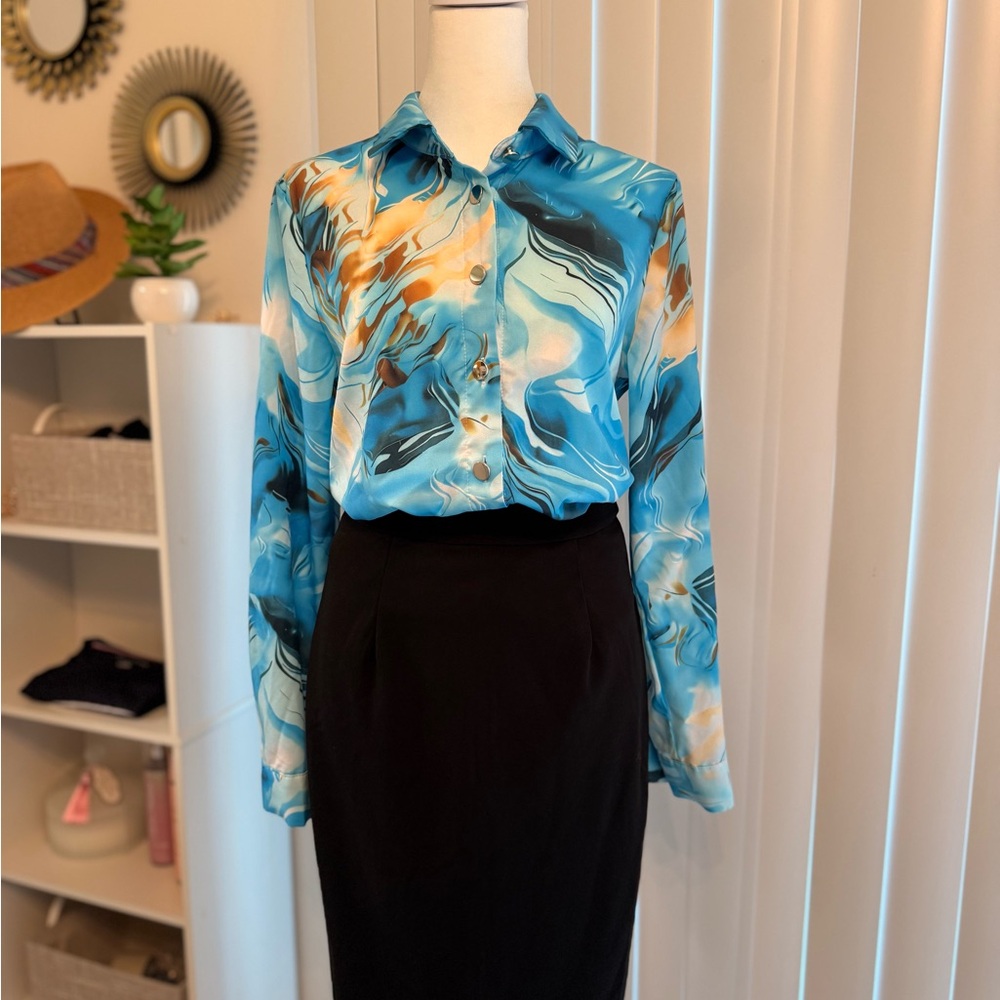 SHEIN Blue and Orange Abstract Blouse